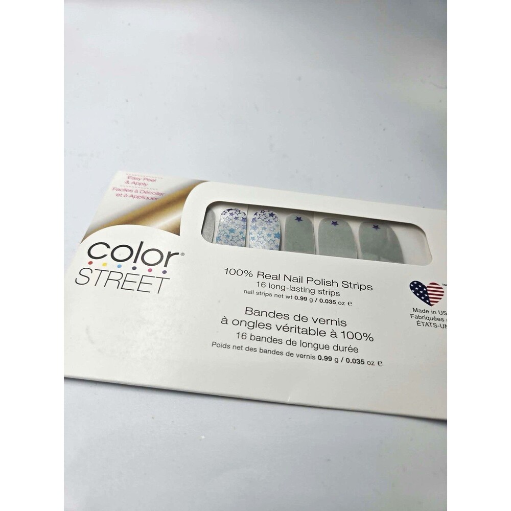 Color Street Press-On Nail Polish Strips White Blue Glitter Stars Walk of Fame